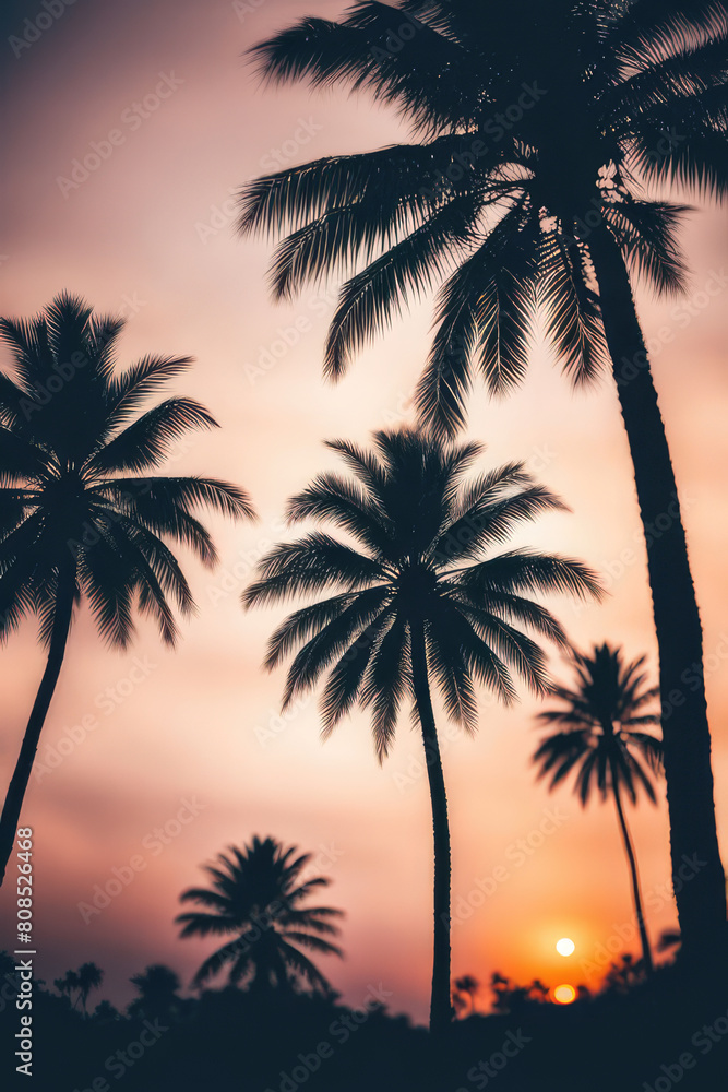 Silhouette Tropical Palm Trees At Sunset . Summer Vacation With Vintage Tone And Bokeh Lights