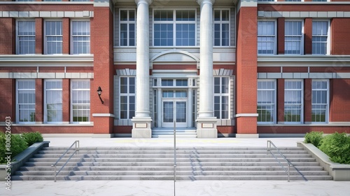 3D Illustration of High School Entrance Facade - Educational Building Exterior Design Concept