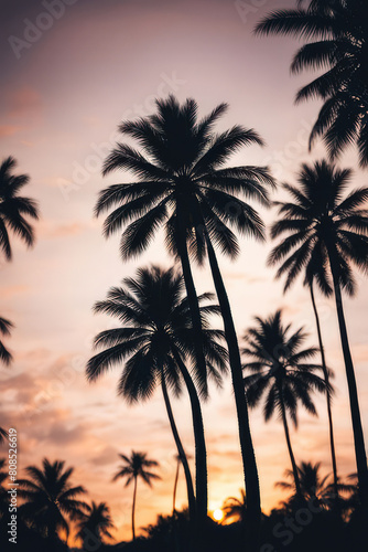 Silhouette Tropical Palm Trees At Sunset . Summer Vacation With Vintage Tone And Bokeh Lights