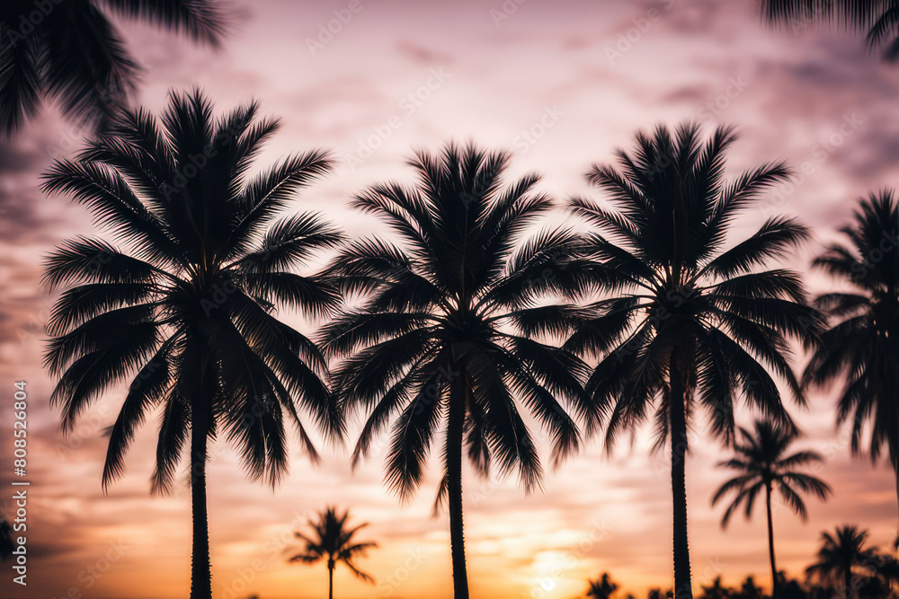 Silhouette Tropical Palm Trees At Sunset . Summer Vacation With Vintage Tone And Bokeh Lights