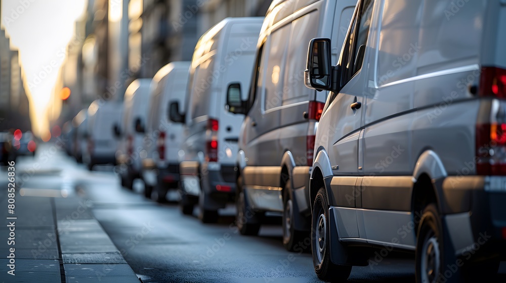 A row of white and grey delivery vehicles lined up on the street, with blurred city buildings in the background. A row of white and grey delivery vehicles lined up on the street, with blurred city buildings in the background.