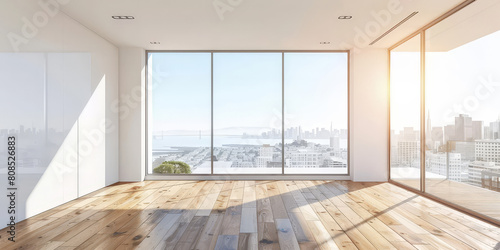 empty room with large windows on cityscape background