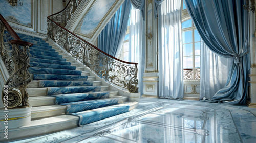 Elegant luxury hall with a sky-blue marble staircase intricate wrought iron railings and airy blue curtains