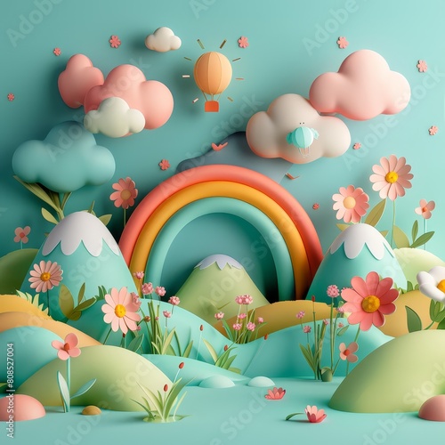 This is a photo of a whimsical landscape with a rainbow, rolling hills, and flowers. The image is very colorful and has a soft, dreamy feel to it.