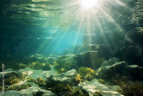 Underwater view of coral reef with seaweed and sunbeams © Shipons Creative