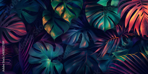 Tropical dark green leaves Black colorful neon Light Glowing Background Green palm leaf pattern texture abstract background