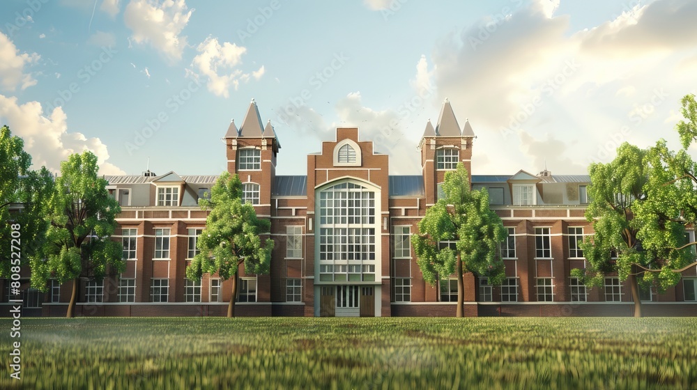 Vintage Brick School or College Building Facade - Classic Educational Architecture Background
