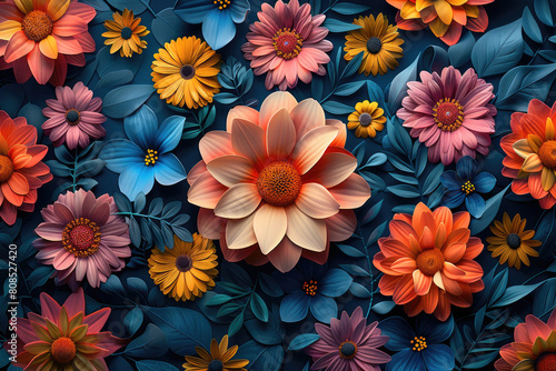  A vibrant and colorful illustration of various flowers in shades of blue, orange, pink, yellow, and red, with detailed leaves and petals. Created with Ai