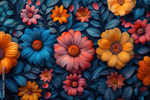 Colorful flowers in the style of paper cut art  dark blue background  colorful  orange and pink daisies. Created with Ai