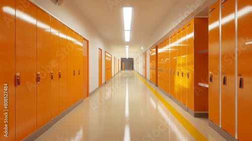 Vibrant School Corridor with Orange Lockers and Relaxation Area - 3D Illustration of Educational Environment