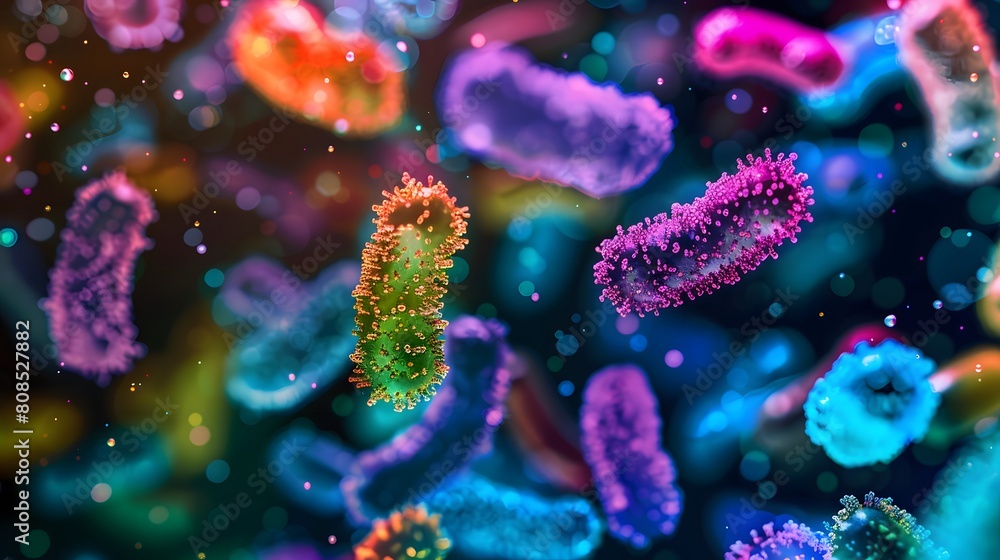 Fototapeta premium A vibrant, colorful array of bacteria floating in an organic pattern against the dark background. 