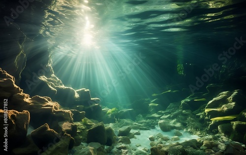 Underwater view of the sea with stones and sunbeams © Shipons Creative