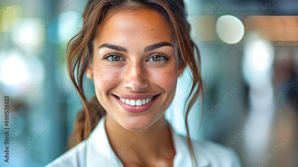 Portrait of a young woman with freckles smiling warmly, featuring a blurred modern office background.
Portrait of a young woman with freckles smiling warmly, featuring a blurred modern office background.