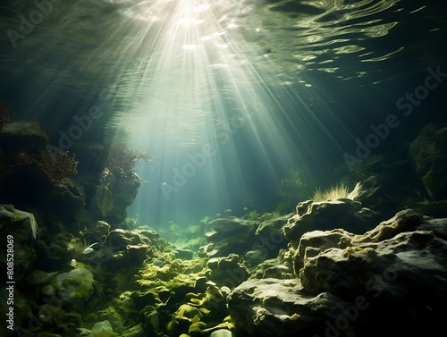 Underwater view of coral reef with seaweed and sunbeams