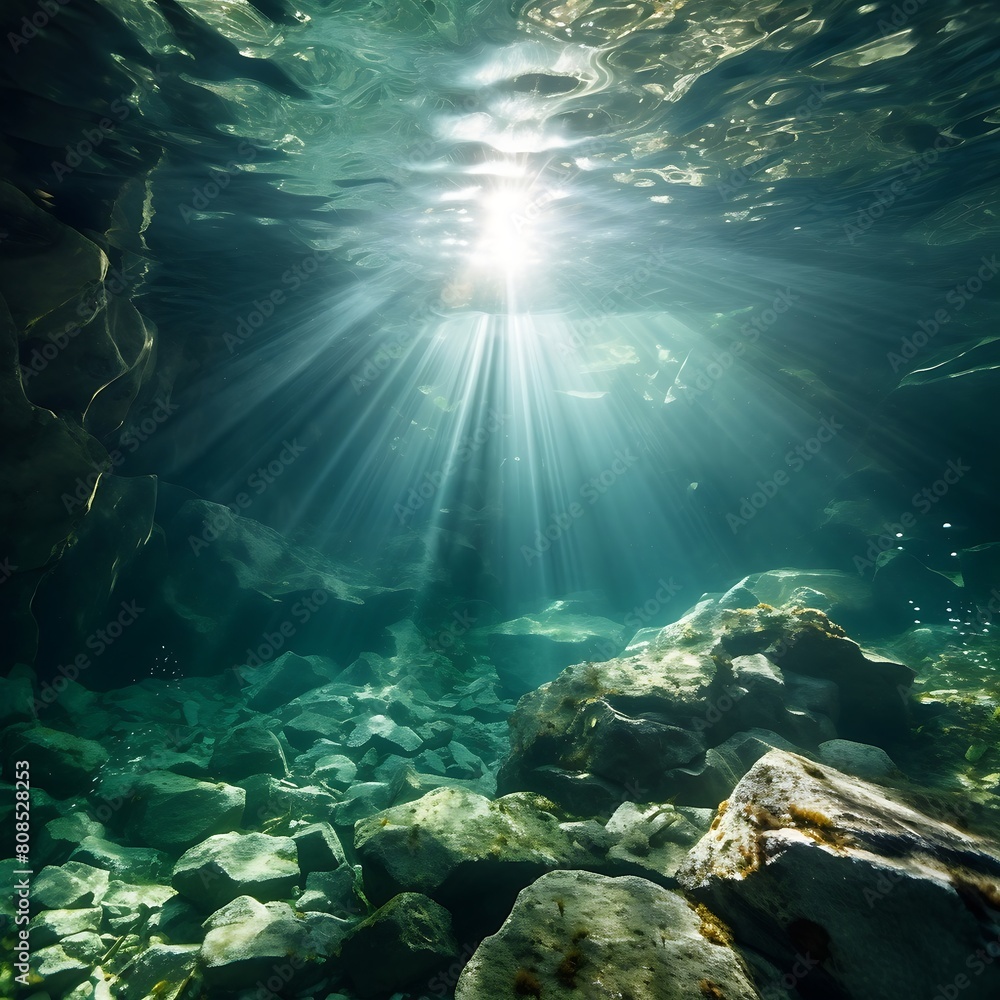 Underwater scene with sun rays and green rocks under water surface