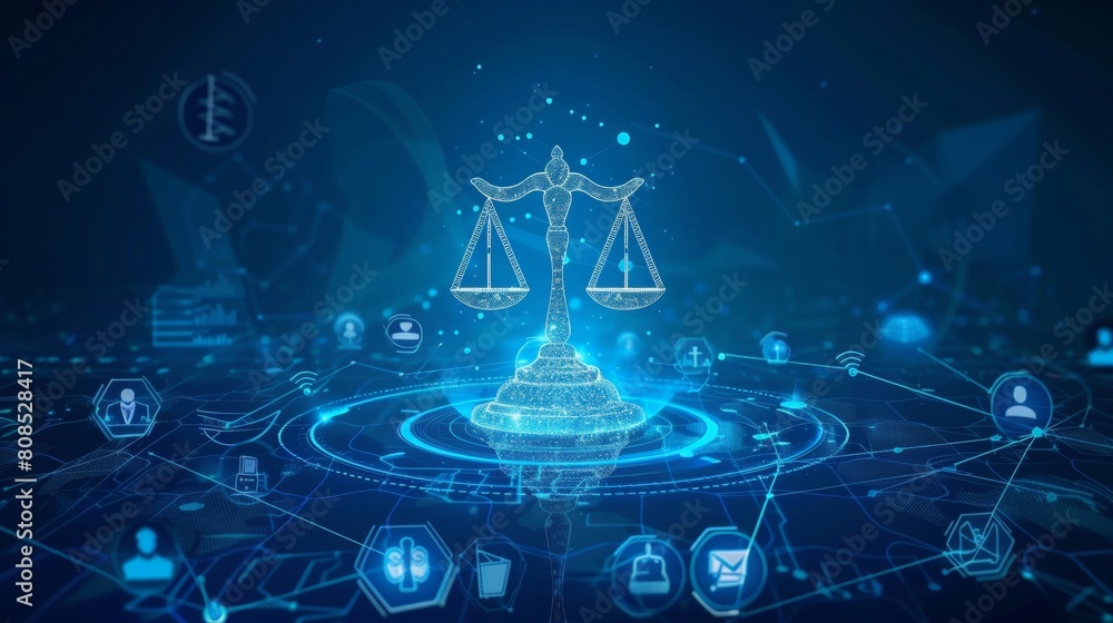 Digital technology background with digital scales of justice and AI ...