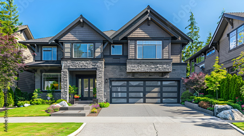 A luxurious new construction home, Modern style of home with car garage,Garage door with a driveway in front,Real Estate Exterior Front House. Big modern custom house front yard and driveway 

