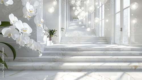 Luxury entrance hall with a pure white marble staircase crystal pendant lights and minimalistic white orchids photo