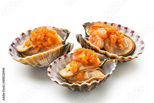 three clams with orange sauce in a shell