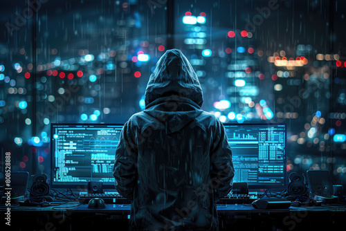 A hacker in the hood is sitting at his desk, looking into multiple computer screens with stock market charts and graphs on them. Created with Ai