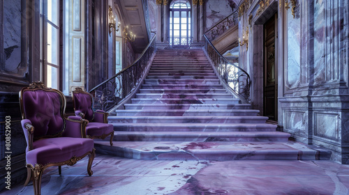 Luxury hall with a soft periwinkle marble staircase delicate iron balustrades and periwinkle velvet chairs photo