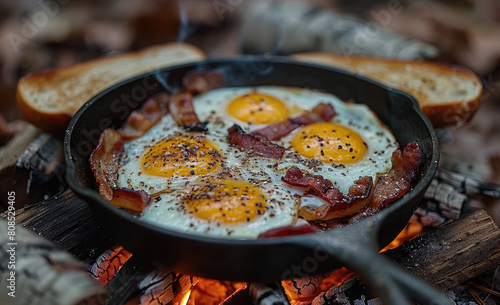  A cast iron pan filled with sunny side up eggs, bacon and toast over an open fire in the woods. Created with Ai