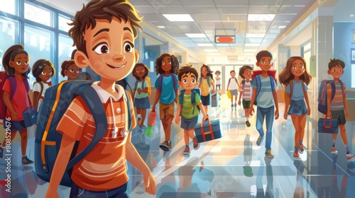 A boy with a backpack walks down a hallway with other children