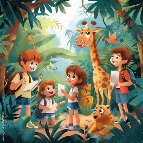 A group of children are in a jungle  with one of them holding a piece of paper