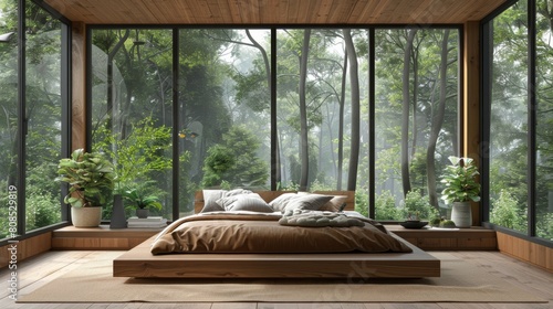 window overlooking a dense forest, adorned with simple, natural decor. © G.Go