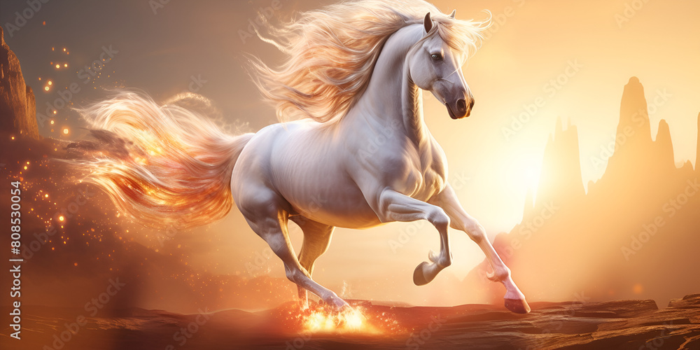 A white unicorn runs through the clouds with the word white on it fantasy ethereal with cloudy background
