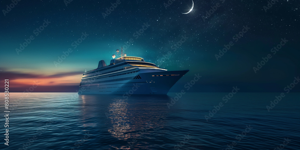 Luxury Cruise sailing on the sea at night with crescent moon. Summer holiday illustration. Luxury Cruise sailing on the sea at night with crescent moon. Summer holiday illustration.