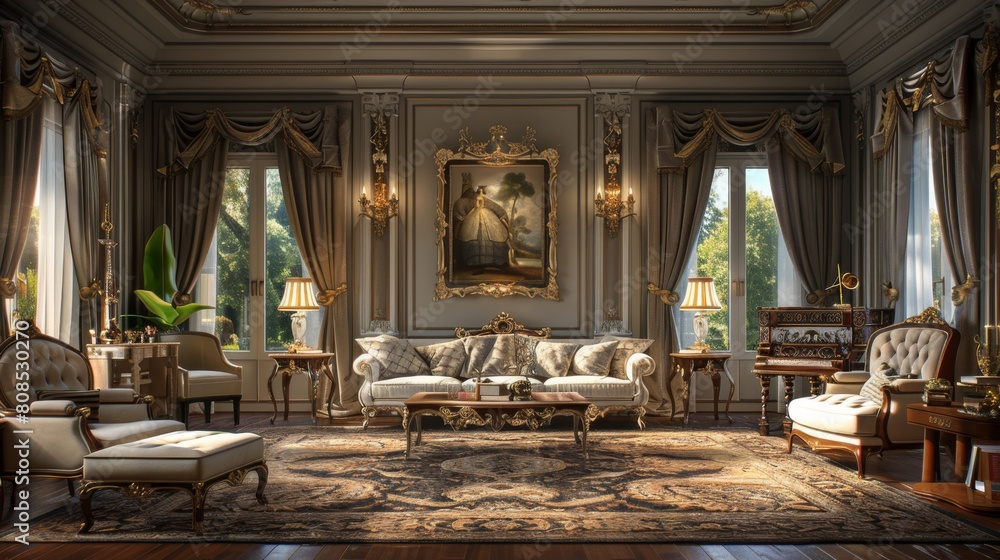 Ultra-detailed 3D rendering of a traditional living room with classic furniture, ornate detailing, and rich draperies and rugs. Ultra-detailed 3D rendering of a traditional living room with classic furniture, ornate detailing, and rich draperies and rugs.