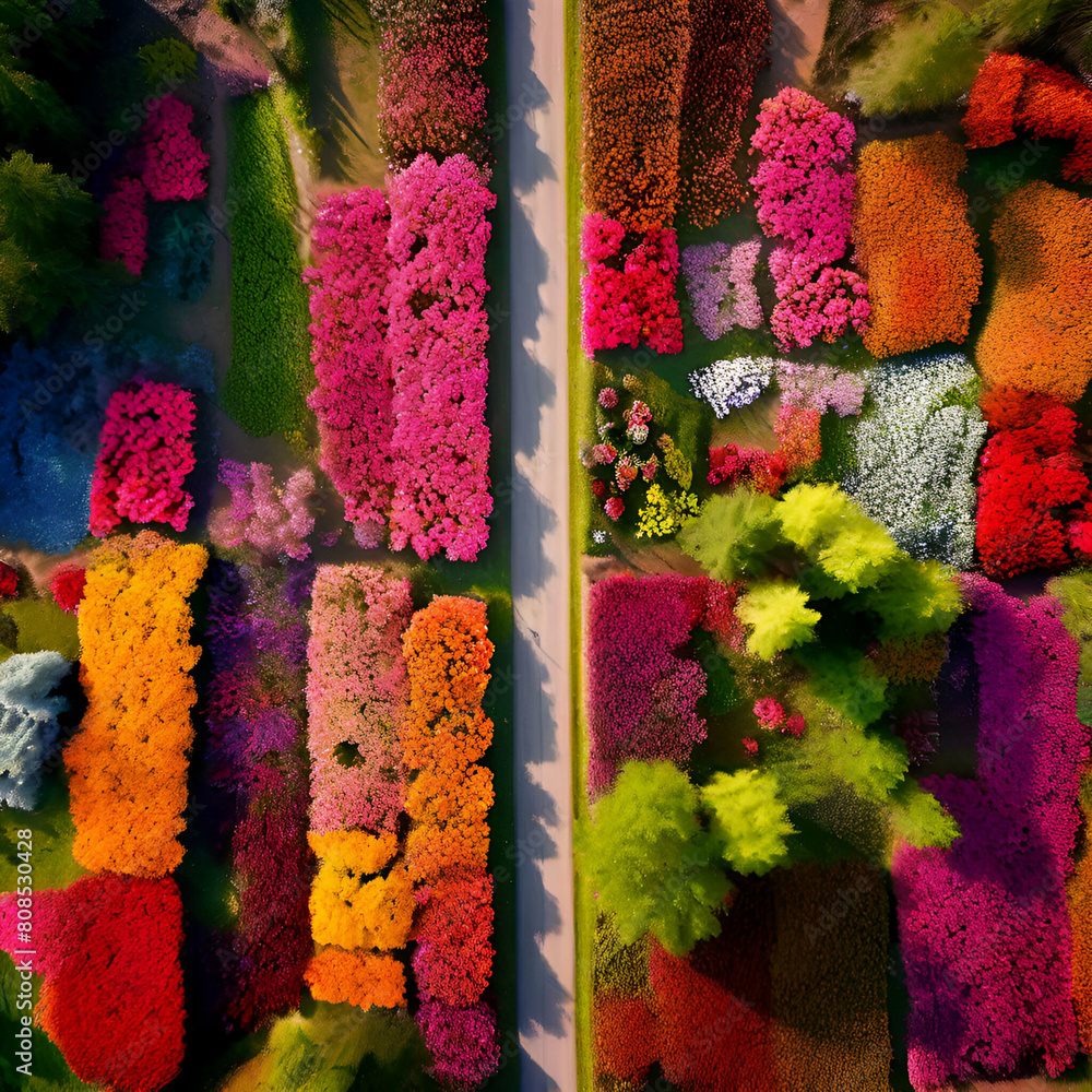 aerial top down view of flower field flower outdoors nature,multi color ,generate ai