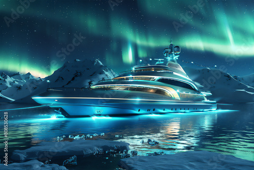 Luxury Cruise sailing on the sea in northern with Aurora. Holiday illustration.