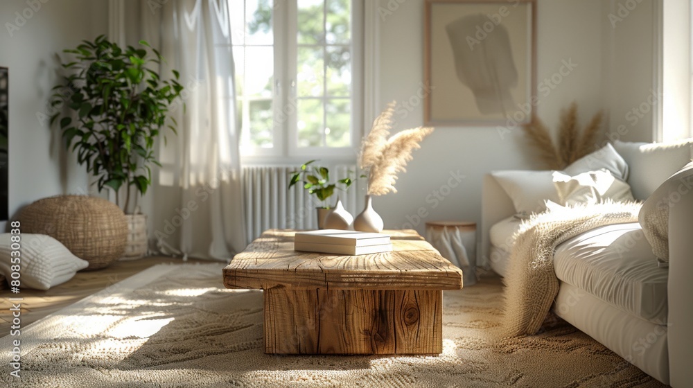 Ultra-detailed 3D rendering of a Scandinavian-style living room, the cubic wooden coffee table and white furnishings highlighted by soft, indirect lighting. Ultra-detailed 3D rendering of a Scandinavian-style living room, the cubic wooden coffee table and white furnishings highlighted by soft, indirect lighting.