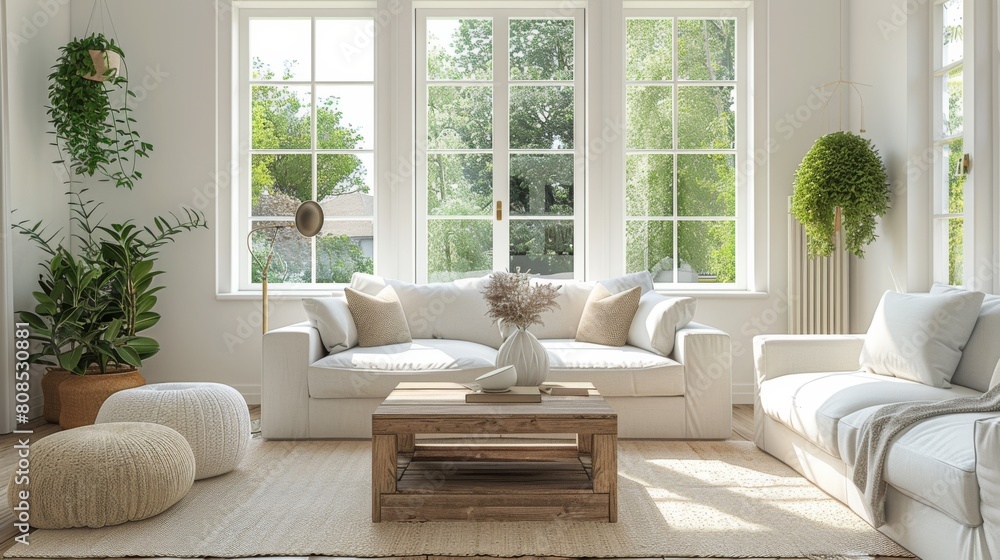 Fototapeta premium Ultra-detailed 3D rendering of a Scandinavian living room, showcasing a cubic wooden coffee table and white seating arrangement in a bright, natural setting.