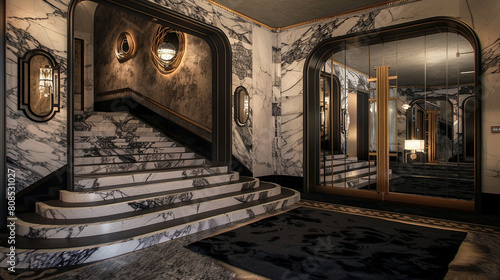 Opulent entryway with a black and white veined marble staircase oversized art deco mirrors and plush black rugs photo