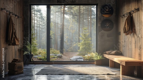 Wallpaper Mural Ultra-detailed 3D rendering of a Scandinavian entryway with a minimalist aesthetic, featuring a black window that frames the early morning forest mist. Torontodigital.ca