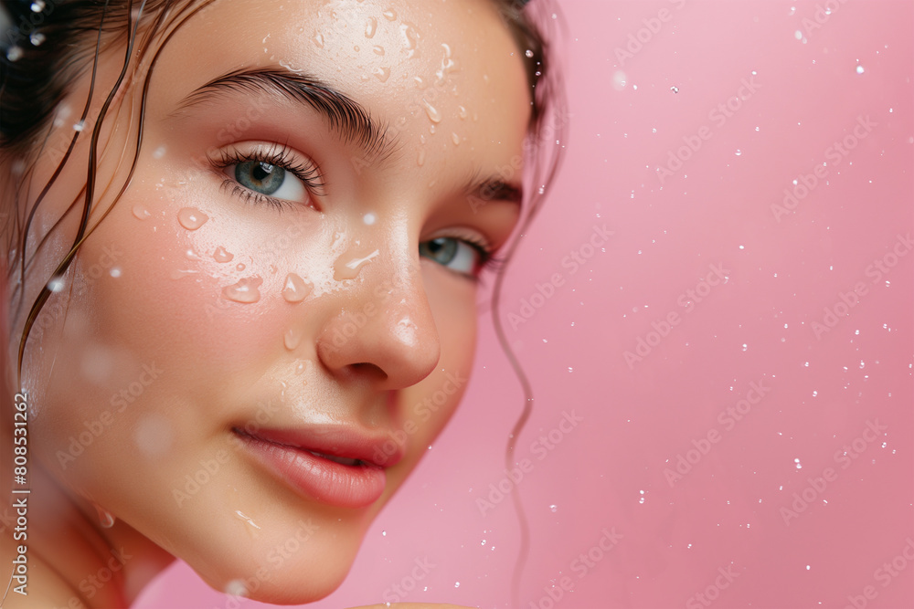Beautiful young woman with clean fresh skin on a color background and nature elements Beautiful young woman with clean fresh skin on a color background and nature elements