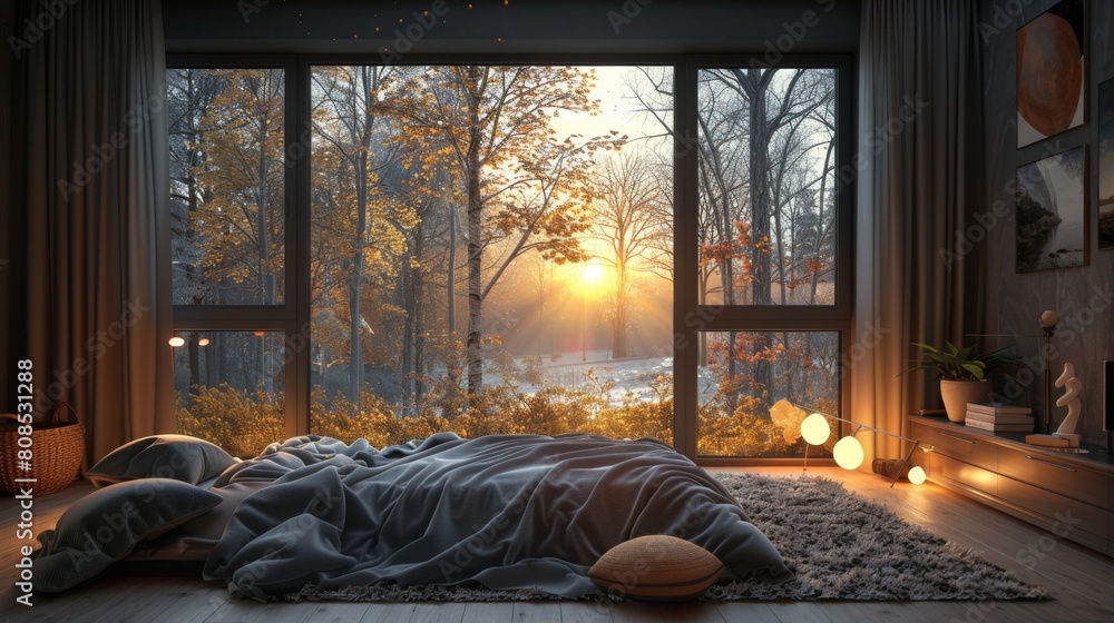 Fototapeta premium Ultra-detailed 3D rendering of a Scandinavian bedroom with a chic aesthetic, the black window perfectly framing a tranquil forest bathed in sunset light.
