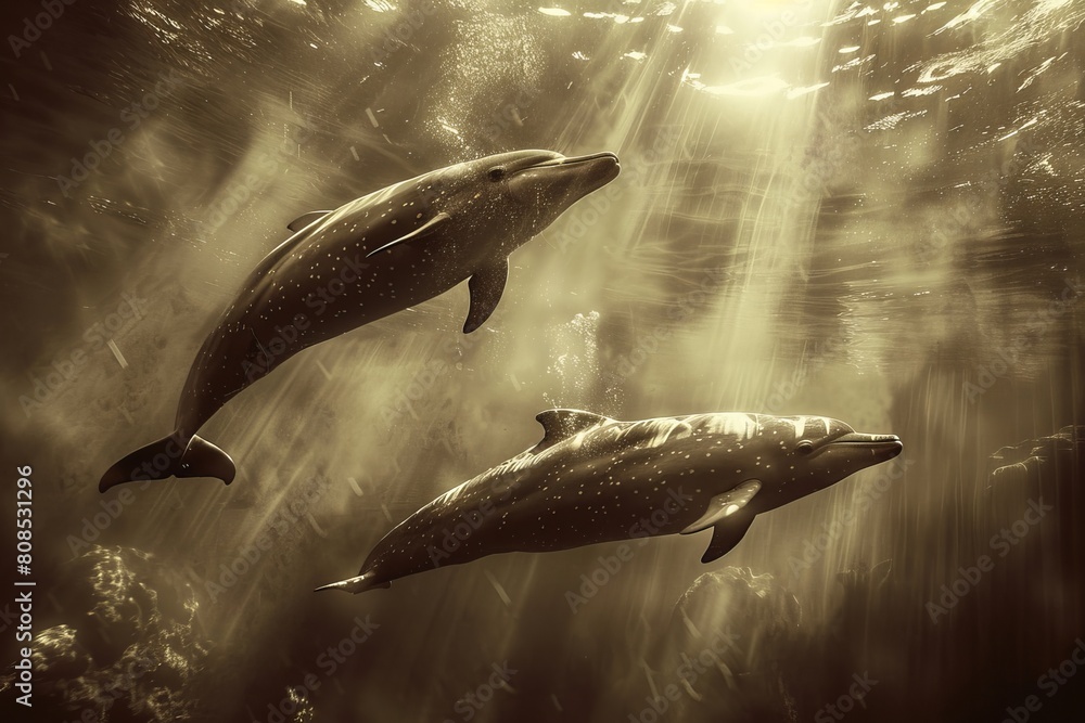 Fototapeta premium Two dolphins are swimming in the ocean. The sun is shining down on them. Dolphins are beautiful and intelligent creatures. They are a joy to watch.