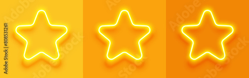 Set of star shape neon lighting on yellow and orange background. Vector illustration.