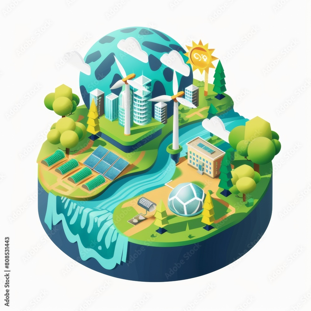 Colorful Isometric Eco-Friendly Urban Landscape with Renewable Energy Sources