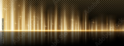 Vertical gold flare moving bottom to top with reflections on dark transparent background. Realistic vector illustration of bright glowing shine light lines with overlay and magic glitter effect.