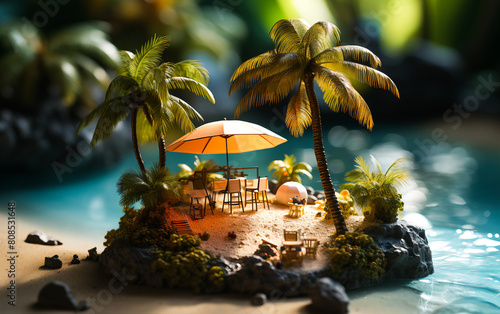 A tropical beach scene with sunbathing accessories scattered on the sand, creating a vibrant summer holiday background
