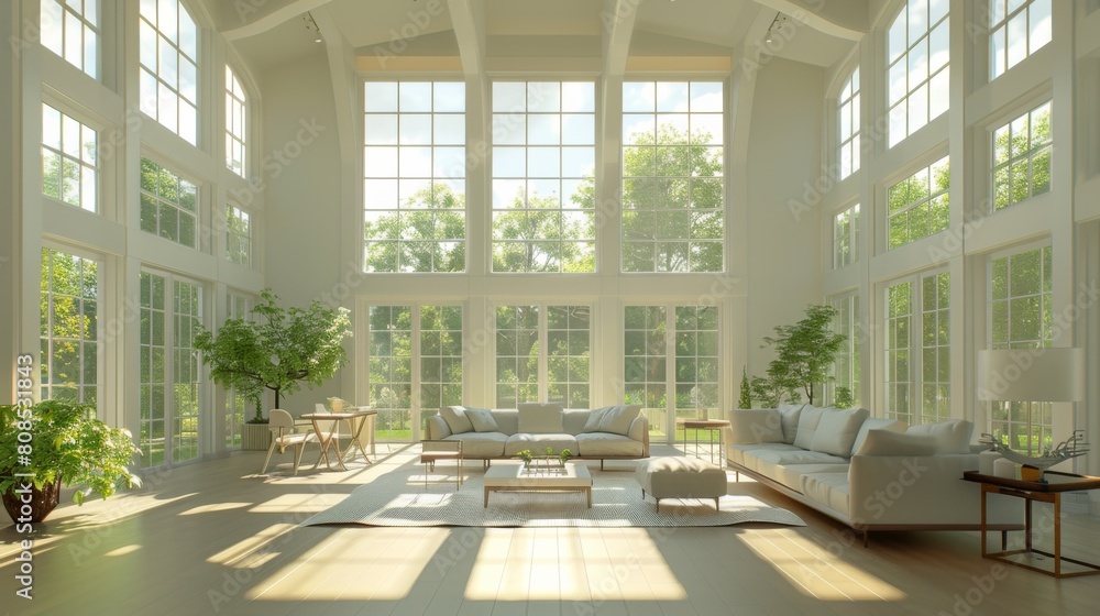 Ultra-detailed 3D rendering of a modern living room with high ceilings, large windows, and a pristine white interior bathed in clear daylight.