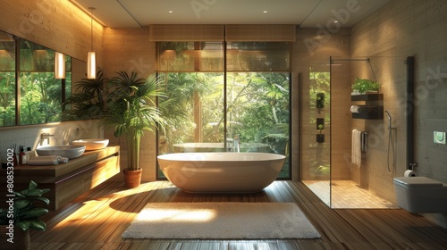 Ultra-detailed 3D rendering of a modern bathroom with eco-friendly features, such as bamboo flooring and low-flow fixtures, under bright, efficient LED lighting. © G.Go
