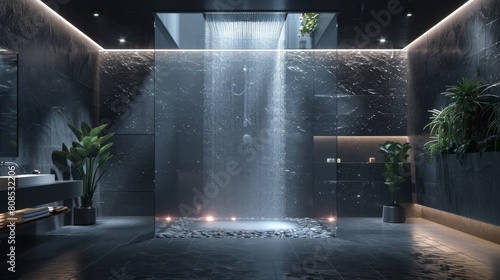 Ultra-detailed 3D rendering of a modern bathroom featuring a walk-in shower with a glass enclosure and ceiling-mounted rain shower head  lit by clean daylight.