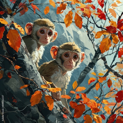 A minimalist illustration style with a white backgroundtwo little monkeys playing in the woods photo