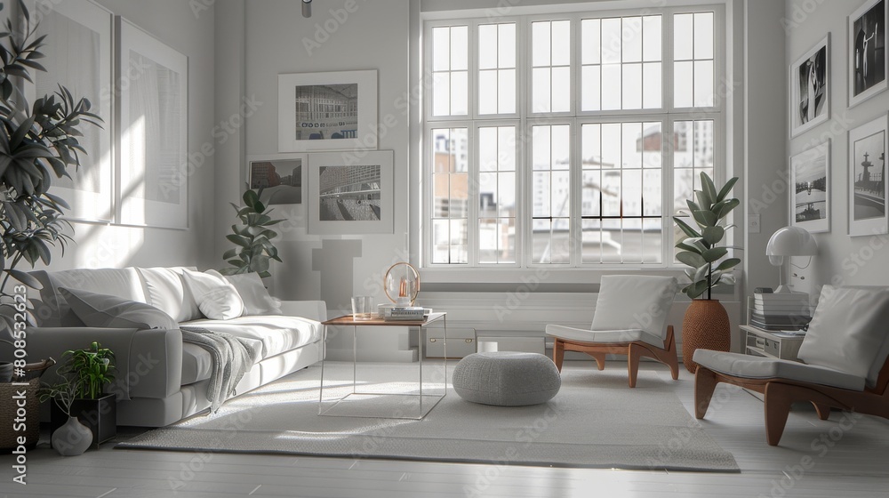 Ultra-detailed 3D rendering of a minimalist living room with an artistic mood, focusing on creative, simple furniture arrangements and a monochrome palette.